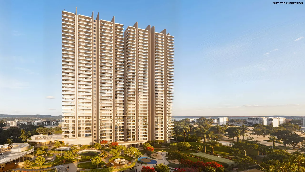 Artistic impression of Conscient Elaira Residences featuring a tall residential tower with balconies, landscaped podium gardens, and a panoramic urban backdrop under a clear sky.